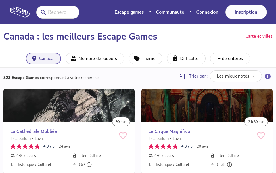 www.the-escapers.com/pays/canada screen capture
