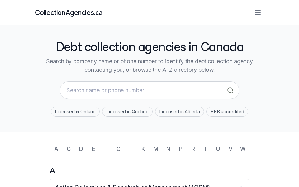 collectionagencies.ca screen capture